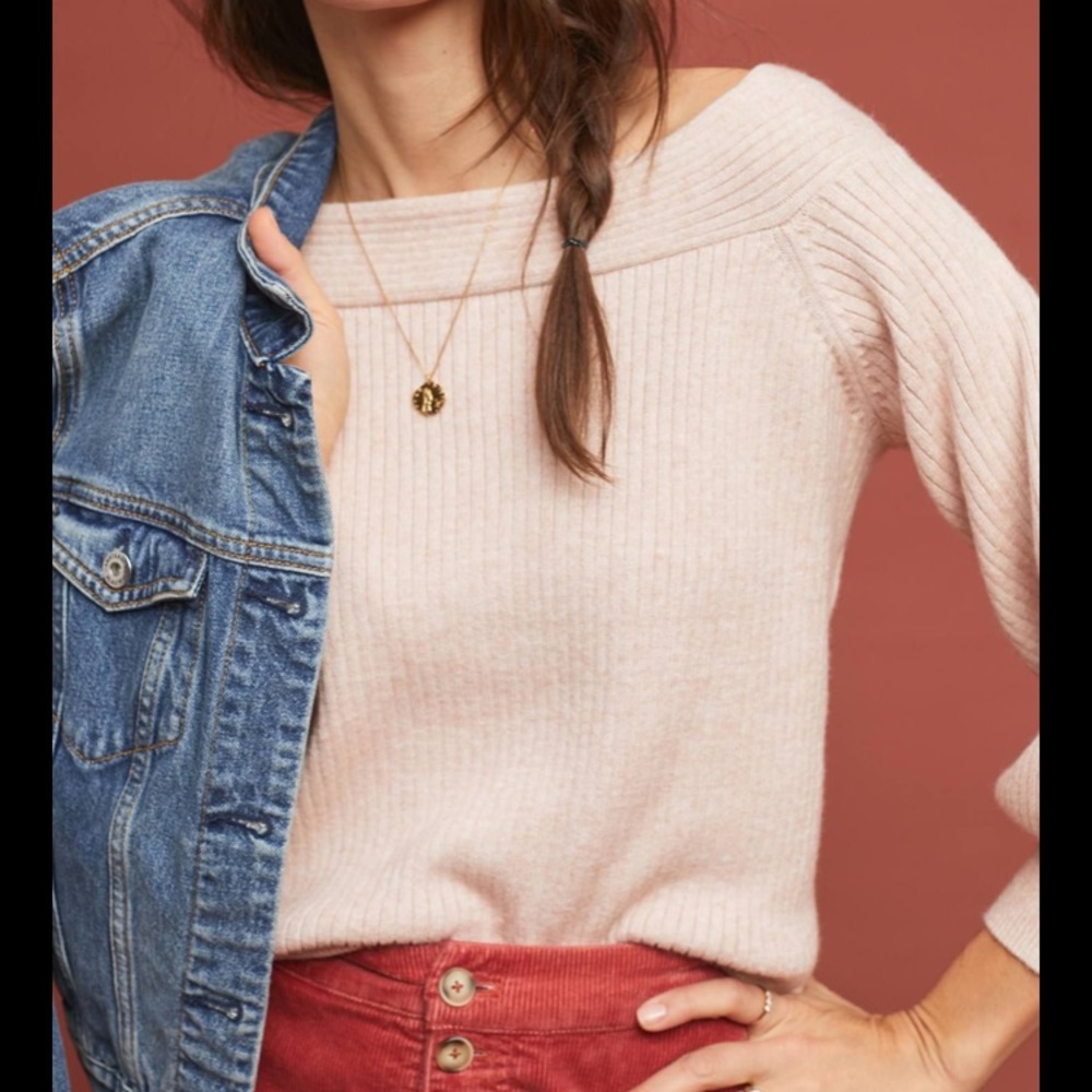 Anthropologie Moth Light Peach Dancer Off Shoulder Ribbed Sweater Size XS